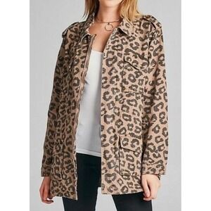 NWOT Ellison Leopard Print Zip Up Long Sleeve Drawstring Utility Jacket Coat M